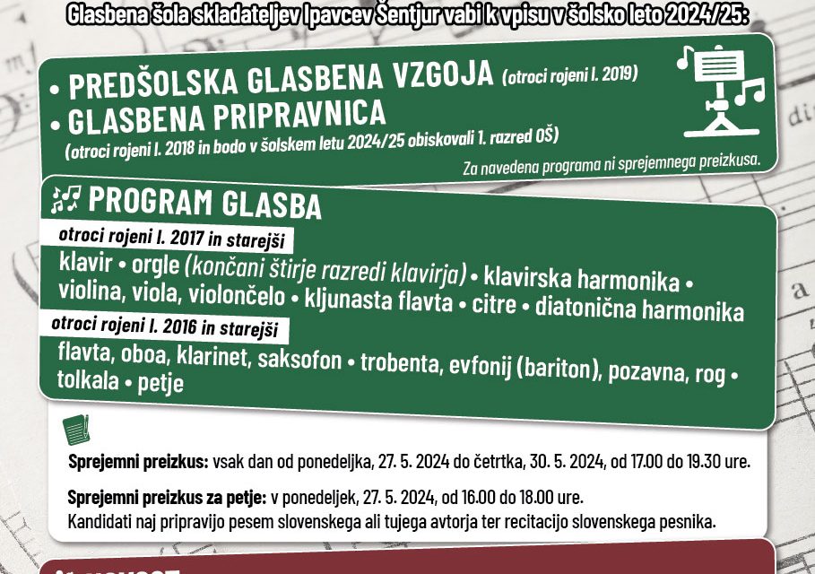Vpis v glasbeno šolo za šolsko leto 2024 – 2025